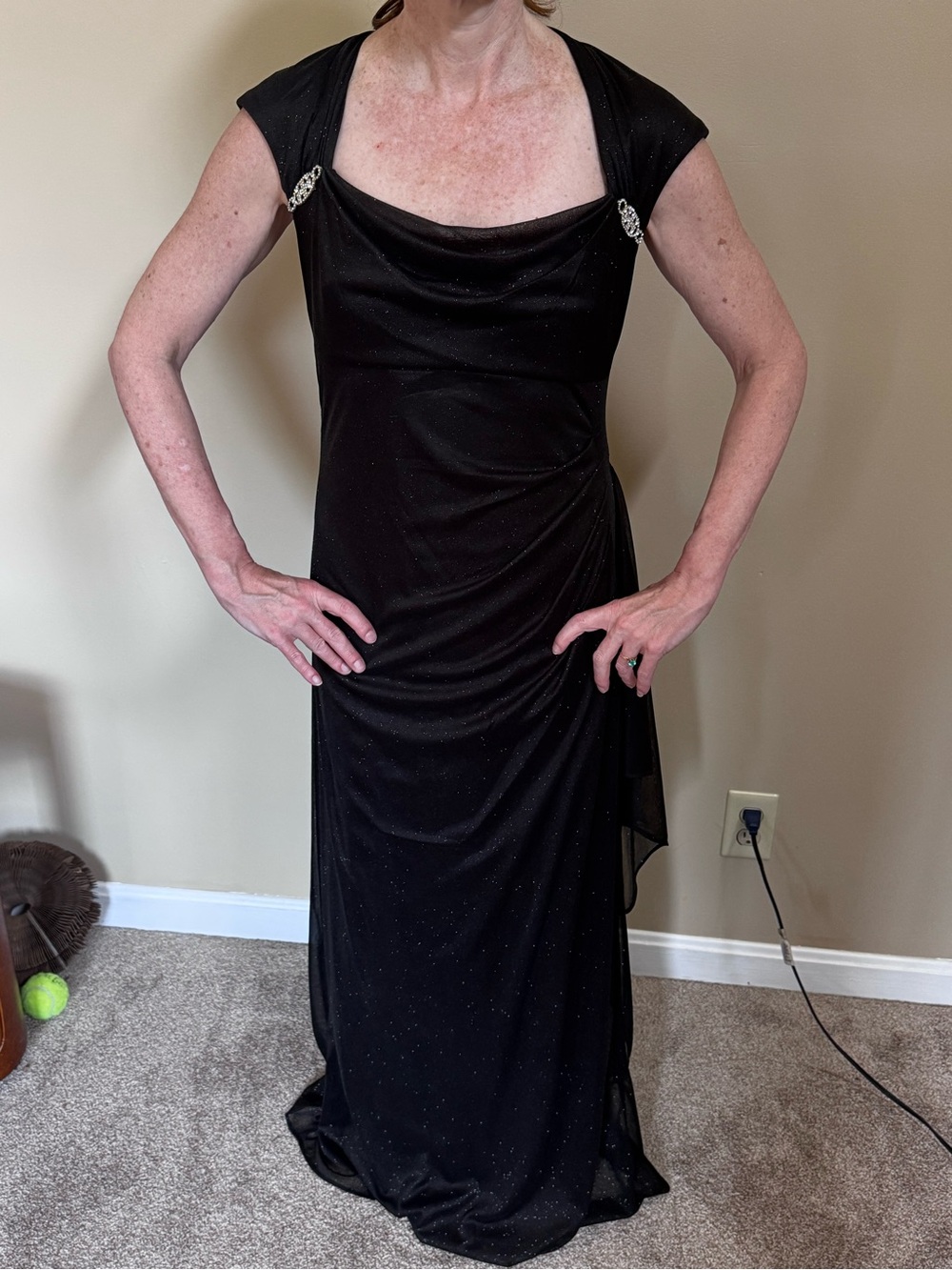 R&M Richards Black Sparkle Cowl Neck Evening Gown
